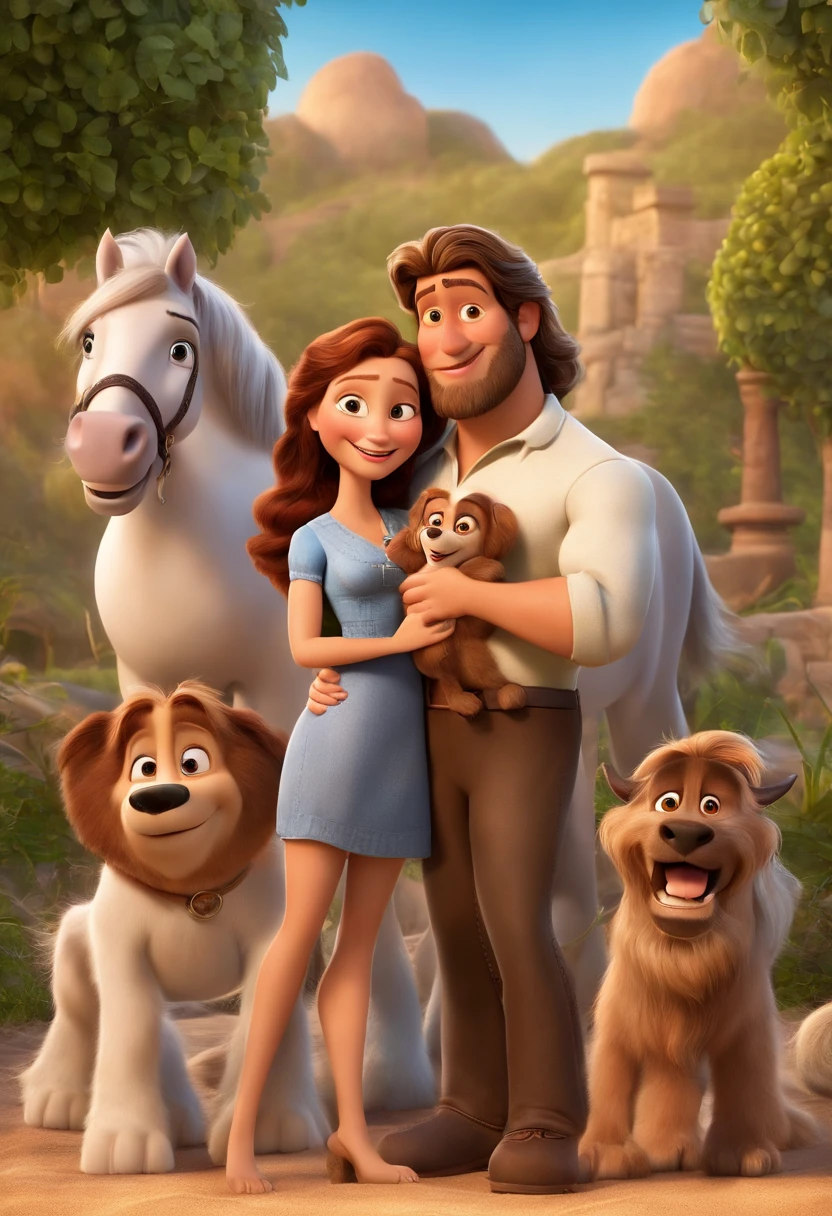 a Disney Pixar movie poster showing a white-skinned family. The father is the tallest, Tem barba curta, loiro, cabelos curtos e espinhosos. The mother has brown eyes and hair, shoulder-length and is slightly overweight. A menina tem 4 anos e cabelos castanhos, roupa rosa e rabos de cavalo. The background is a beach garden. 3D-rendering