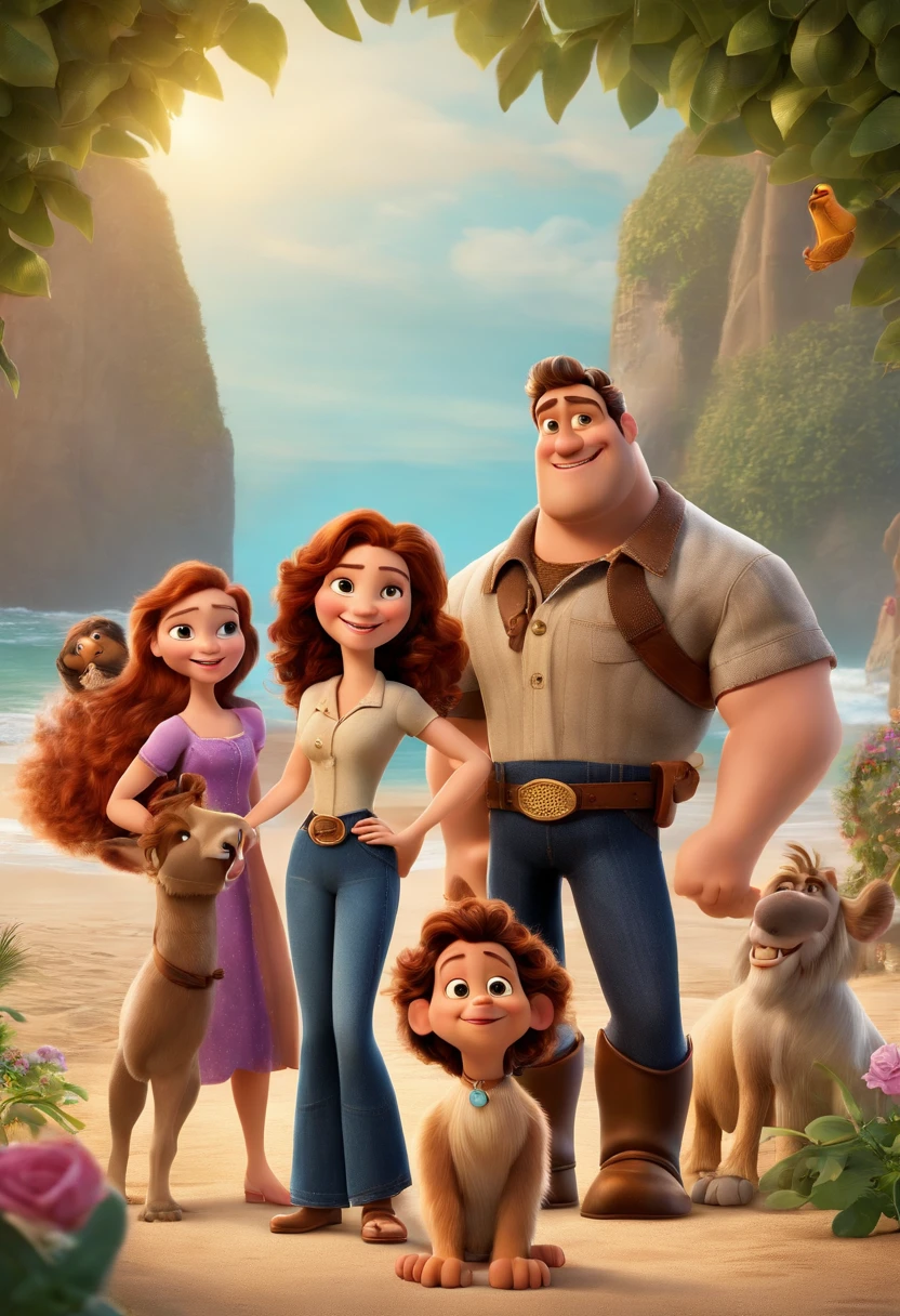a Disney Pixar movie poster showing a white-skinned family. The father is the tallest, Tem barba curta, loiro, cabelos curtos e espinhosos. The mother has brown eyes and hair, shoulder-length and is slightly overweight. A  tem 4 anos e cabelos castanhos, roupa rosa e rabos de cavalo. The background is a beach garden. 3D-rendering