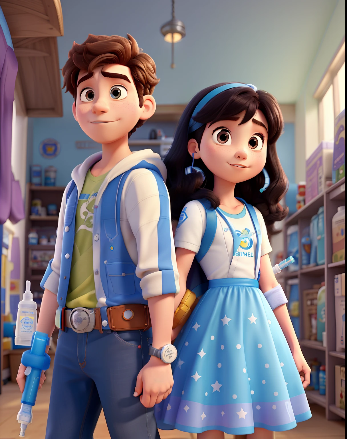Poster for the film inspired by Disney Pixar with the title "Health Shield". A boy and a girl up to 15 years old dressed as superheroes, holding a vaccine syringe. The scene must follow an artistic style similar to Pixar, focusing on the characters' expressions, vibrant colors, detailed textures and characteristics of their animations