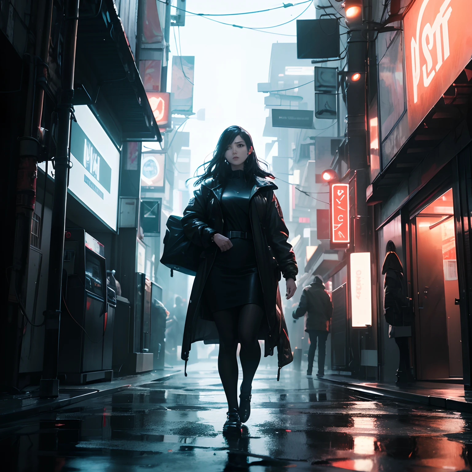 (highres,masterpiece:1.2),ultra-detailed,(realistic,photorealistic,photo-realistic:1.37),a woman standing in a blade runner city at night,detailed face,shining eyes,long waves of hair,confident stance,stunning outfit,surrounded by futuristic neon lights,giant holographic billboards,vibrant colors,reflective surfaces,advanced architectural structures,hovering vehicles,heavy rain pouring down,moody atmosphere,mysterious shadows,blurred motion effects, cyberpunk art style,stark contrast between light and darkness,surreal and dreamlike ambience,dimly lit alleyways,steam evaporating from the ground,dynamic energy,magical and cinematic composition,immersive and captivating scene.