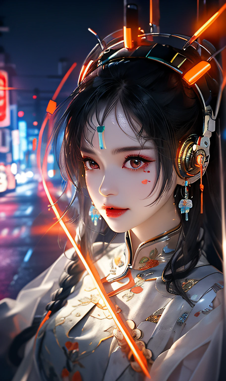 1 girl, Chinese_clothes, liquid silver and orange, cyberhan, cheongsam, cyberpunk city, dynamic pose, detailed luminous headphones, glowing hair accessories, long hair, glowing earrings, glowing necklace, cyberpunk, high-tech city, full of mechanical and futuristic elements, futuristic, technology, glowing neon, orange, orange light, transparent tulle, transparent streamers, laser, digital background urban sky, big moon, with vehicles, best quality, masterpiece, 8K, character edge light, Super high detail, high quality, the most beautiful woman in human beings, micro smile, face facing front and left and right symmetry, ear decoration, beautiful pupils, light effects, visual data, silver white hair, super detail facial texture