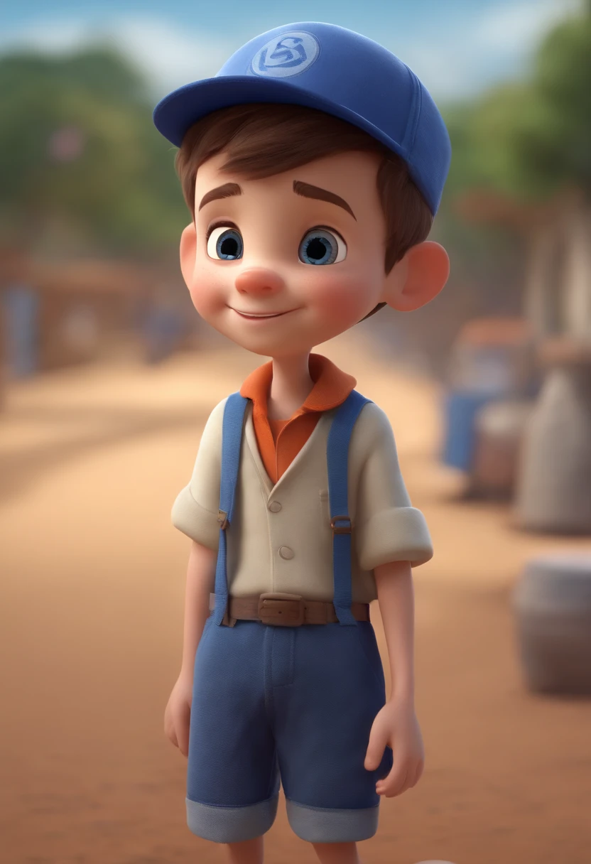 A happy cute boy standing short hair with dark blue cap , vestindo uma camisa azul , , fundo branco, barnet, Tom, Estilo Pixar, ......3d, desenhos animados, rosto detalhado, asymmetrical 16k