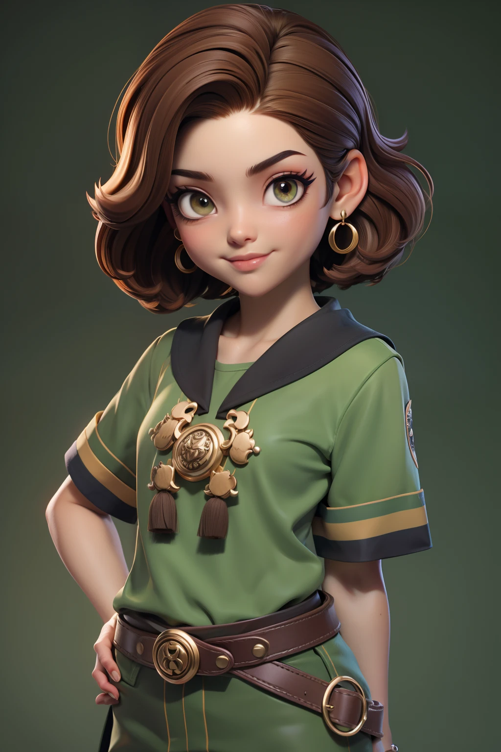 master part, best quality, , olhos verdes, pele escura, brown hair, cabelos ondulados, short hair, Brincos, jewelries, pirata, Camisa comprida, fundo simples, sozinho, parte superior do corpo