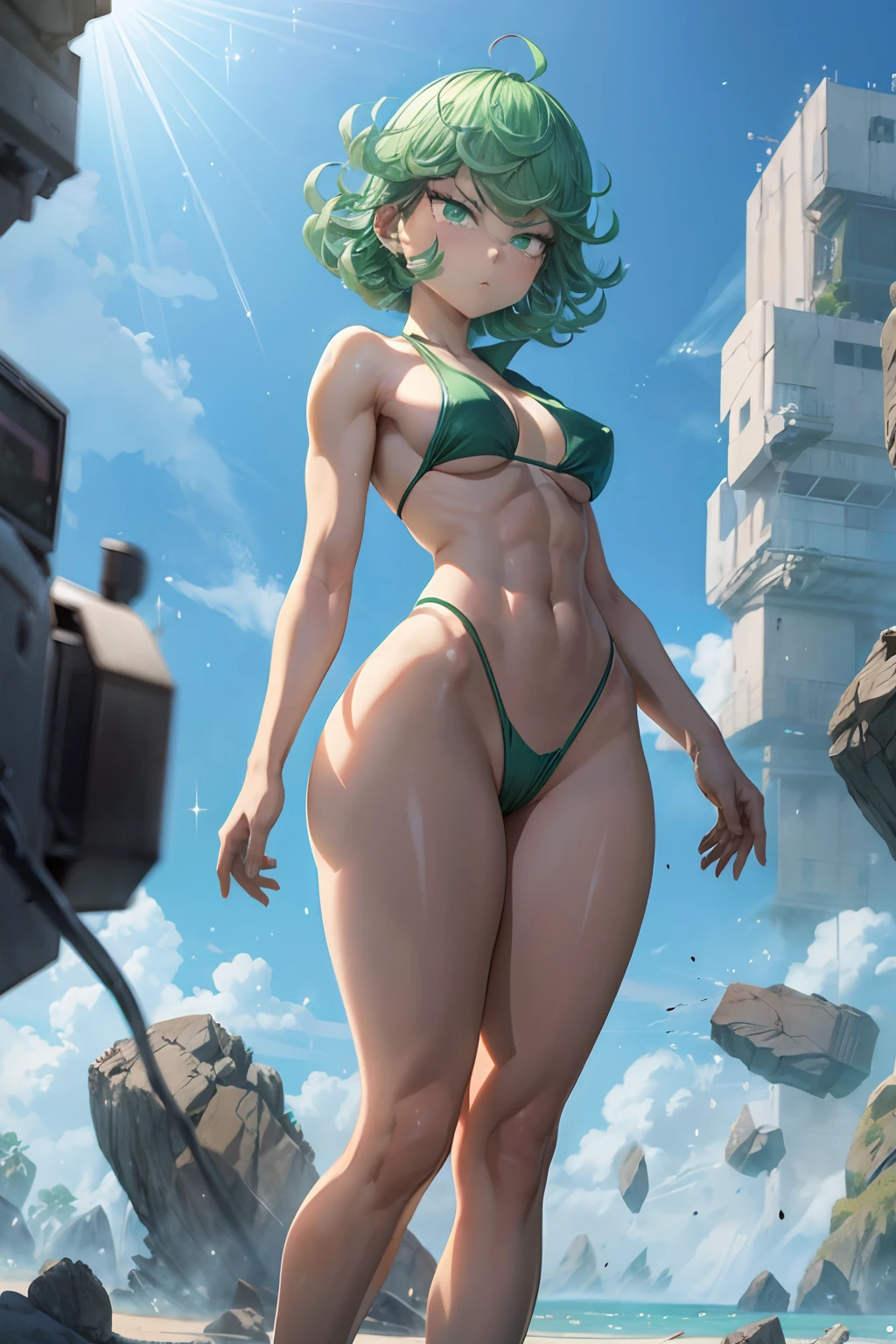 tatsumaki of a punch man, short green hair, green eyes, small chest, (((wearing bikini))), full body view, Standing on the beach in hot sun, (((muscular legs))), thin waist , muscle on my stomach, big ass, (((full body photo))), barefoot, (((facing me))), (in a bad mood), (eye reflection, glowing eyes, glowing eyes, sulking, anime, Minimalism, anime style, ray tracing, cinematic lighting, cinematic lighting, sparkle, sparkle, jpeg artifacts, glowing light, god rays, ray tracing, drop shadow, panorama, Sony FE, from behind, from below, from below, UHD , masterpiece, ccurate, ccurate, anatomically correct, super detail, high quality, best quality, highres, 16k