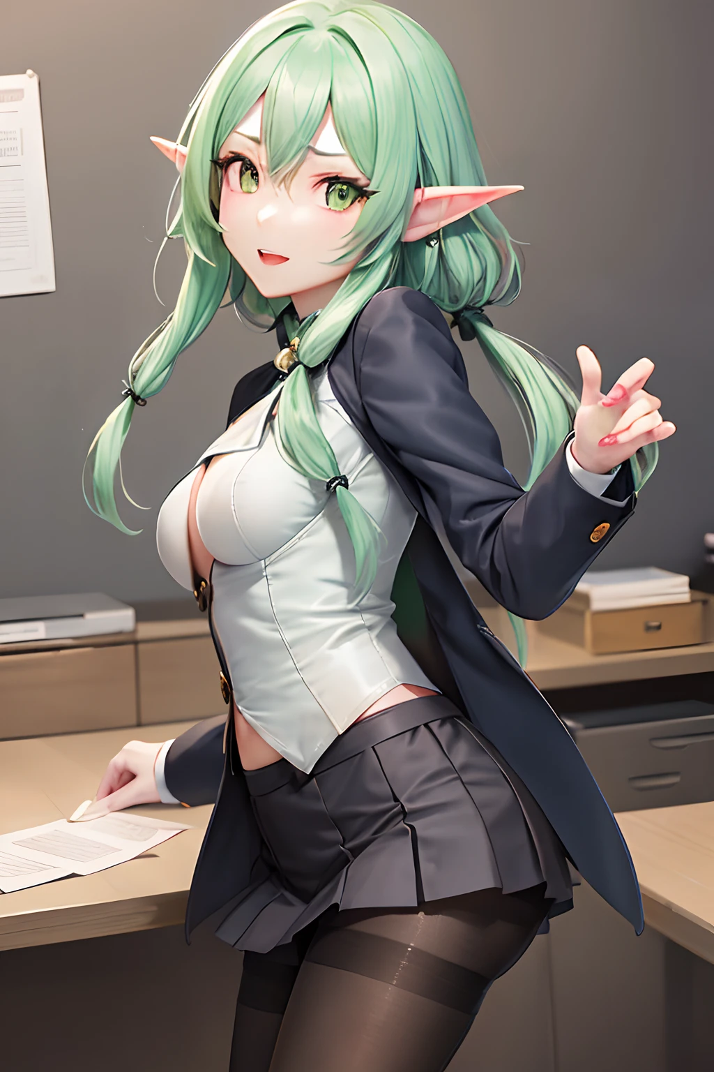masutepiece, Best Quality, hight resolution, 1girl in, elf, pointy ear, Green hair, Long hair, side locks, The hair , small tits , Green eyes, ((Office Suits))、((skirt by the))、((pantyhose))