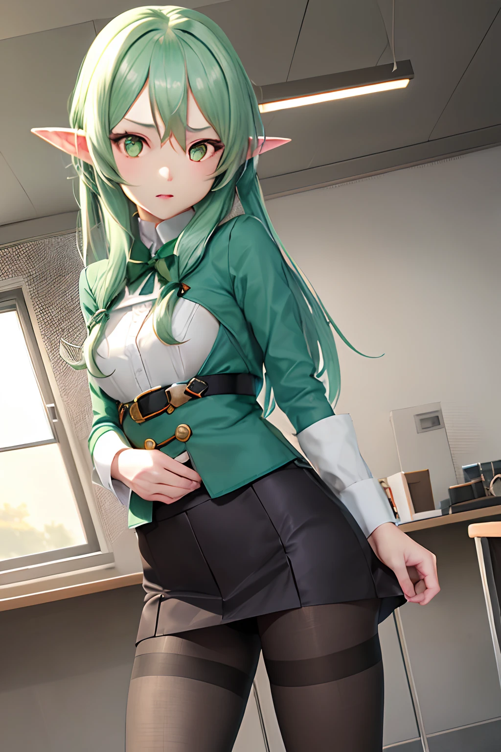 masutepiece, Best Quality, hight resolution, 1girl in, elf, pointy ear, Green hair, Long hair, side locks, The hair , small tits , Green eyes, ((Office Suits))、((skirt by the))、((pantyhose))、opening legs