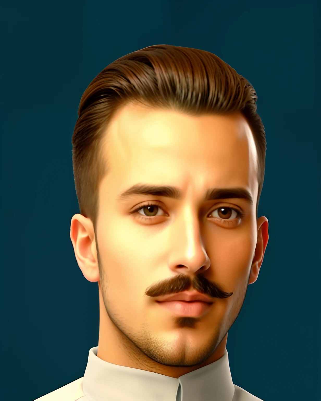 um close up de um homem jovem, 25 anos de idade, com bigode curto e camisa branca com gola alta, cabelo castanho, olhos castanhos, hd, 8k, hiper realismo