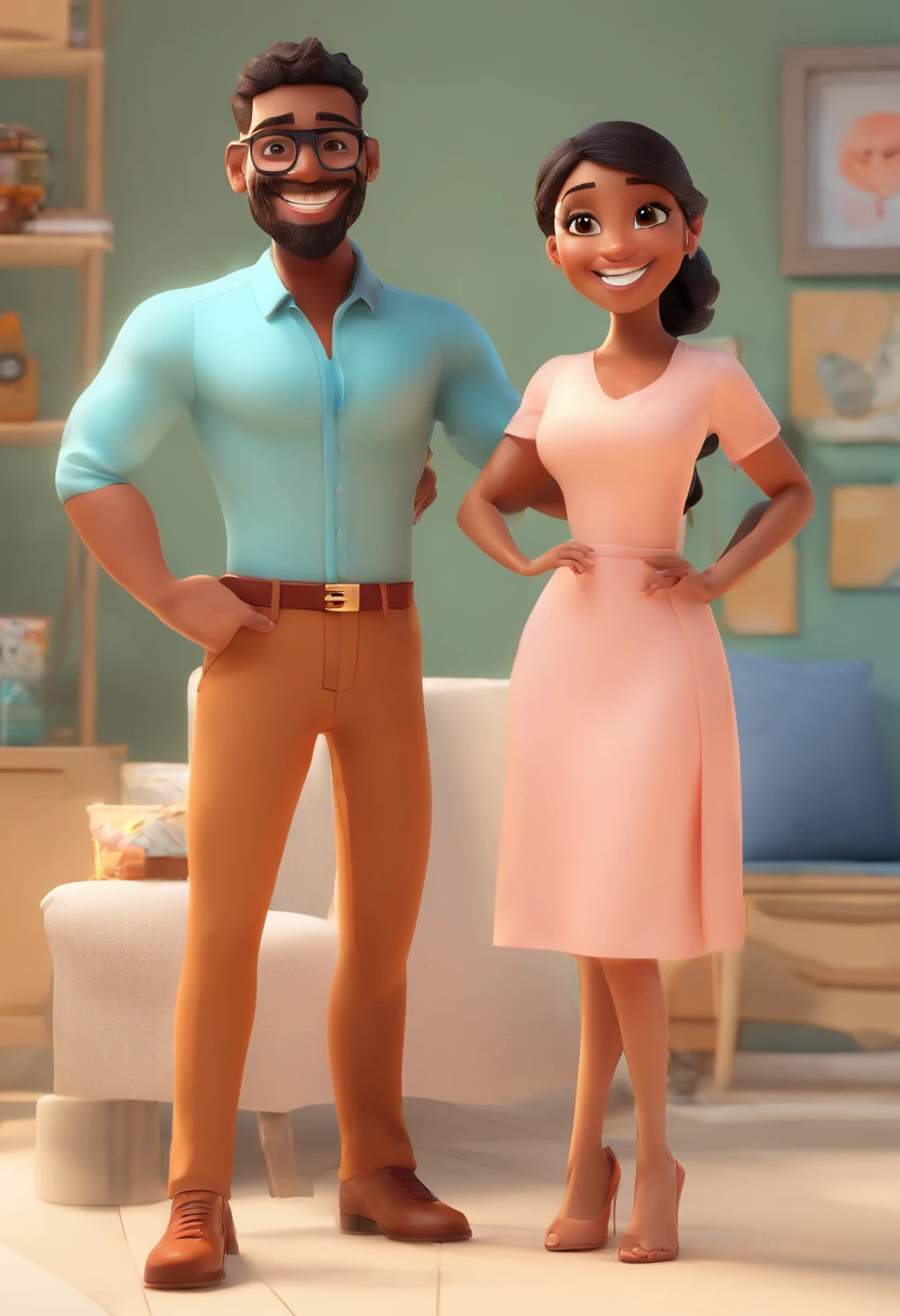 An illustration of an adorable couple, Spotlight on a mulatto man with a beard in a red cap and black outfit, and a brunette woman in glasses with beautiful expressive eyes and elegant outfit, The man's skin is mulatto ,The woman's skin is fair, Woman's hair is straight and black. They are a bright room, cada um com um sorriso no rosto, e compartilhar um momento especial caracterizado pelo amor, Insights. Illustrate this scene from a perspective where they are facing the camera, Smiling and Showing Your Connection. Desenvolva esta arte em Full HD, Focus on your cinematic touch, Estilo Disney Pixar Animations