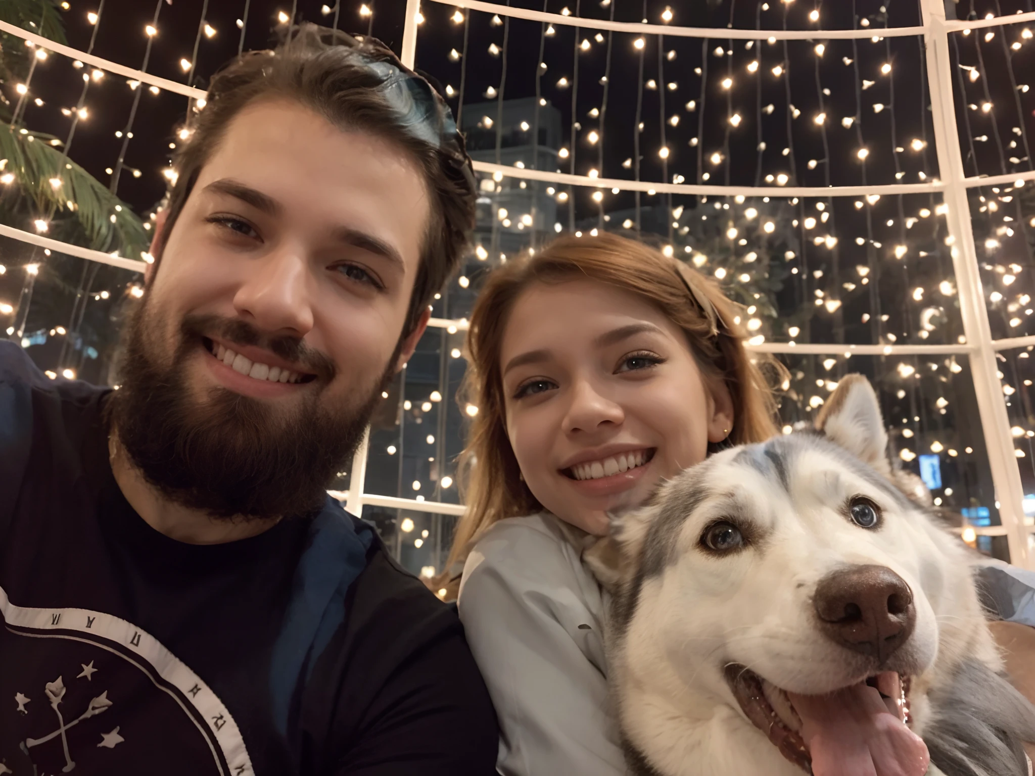 Homem com barba, garota ruiva e husky siberiano.