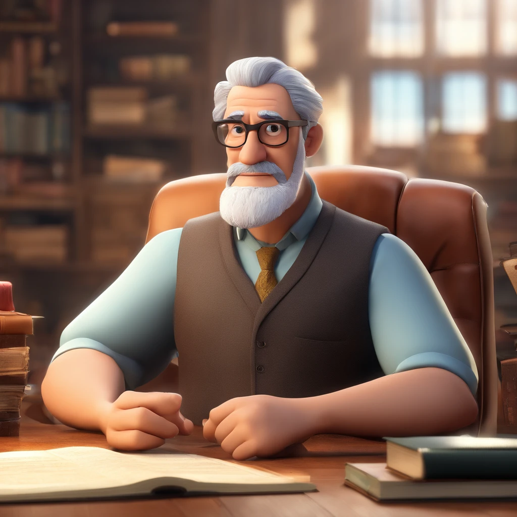 Crie um cartaz inspirado na Disney Pixar com o personagem sendo o pastor Rubens Janier, A gray-haired man wearing glasses, in an office with a Bible on the table, Looking forward and serious