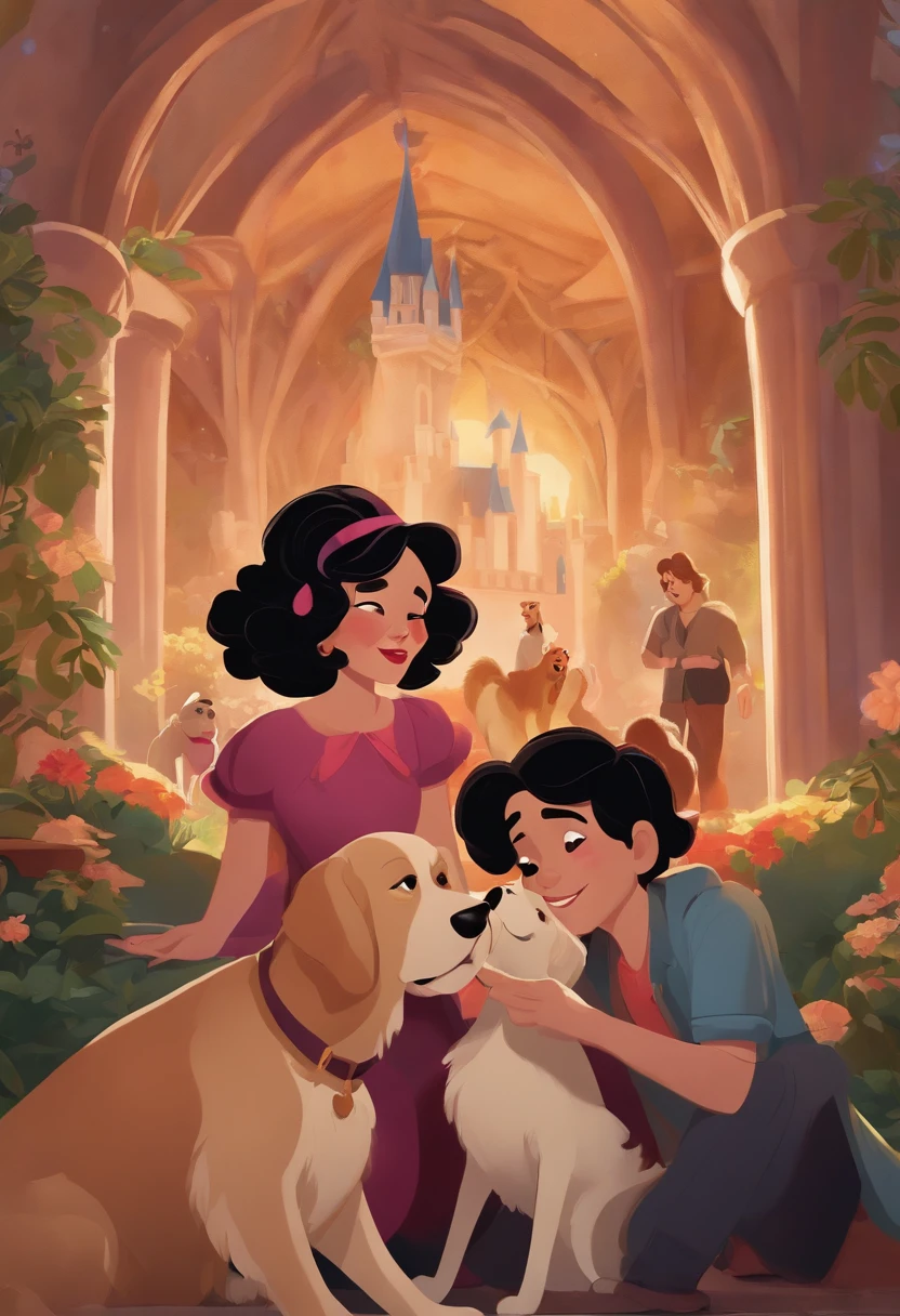 A family consisting of a blond-haired man, a black-haired woman with bangs, a brunette boy with curly black hair, and a shitszu dog at Disney