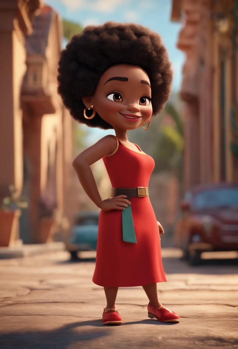 personagem dos desenhos animados de uma mulher com cabelos afro preto na altura dos ombros, magra,com um grande sorriso,with a red dress, nariz pequeno e fino, pouco peito animation character, Caractere estilizado, animation style rendering, 3D estilizado, Arnold Maya render, 3 d render stylized, toon render keyshot, Personagem 3D, Personagem 3D, 3d rendering stylized, 3 d character render, personagem de desenho animado, Personagem de close up, Pose de personagem, (Estilo Pixar) (master part:1.2) (Bokeh) (best quality) (pele detalhada) (textura detalhada) (8k) (argila) (Cinematic lighting) (foco nítido
