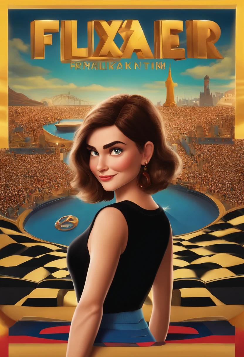 filme Marketing 2023 estilo filmes Pixar, Com nome "N - Marketing", poster, With short, lighter brunette hair and a black t-shirt in front of her crossed arms.