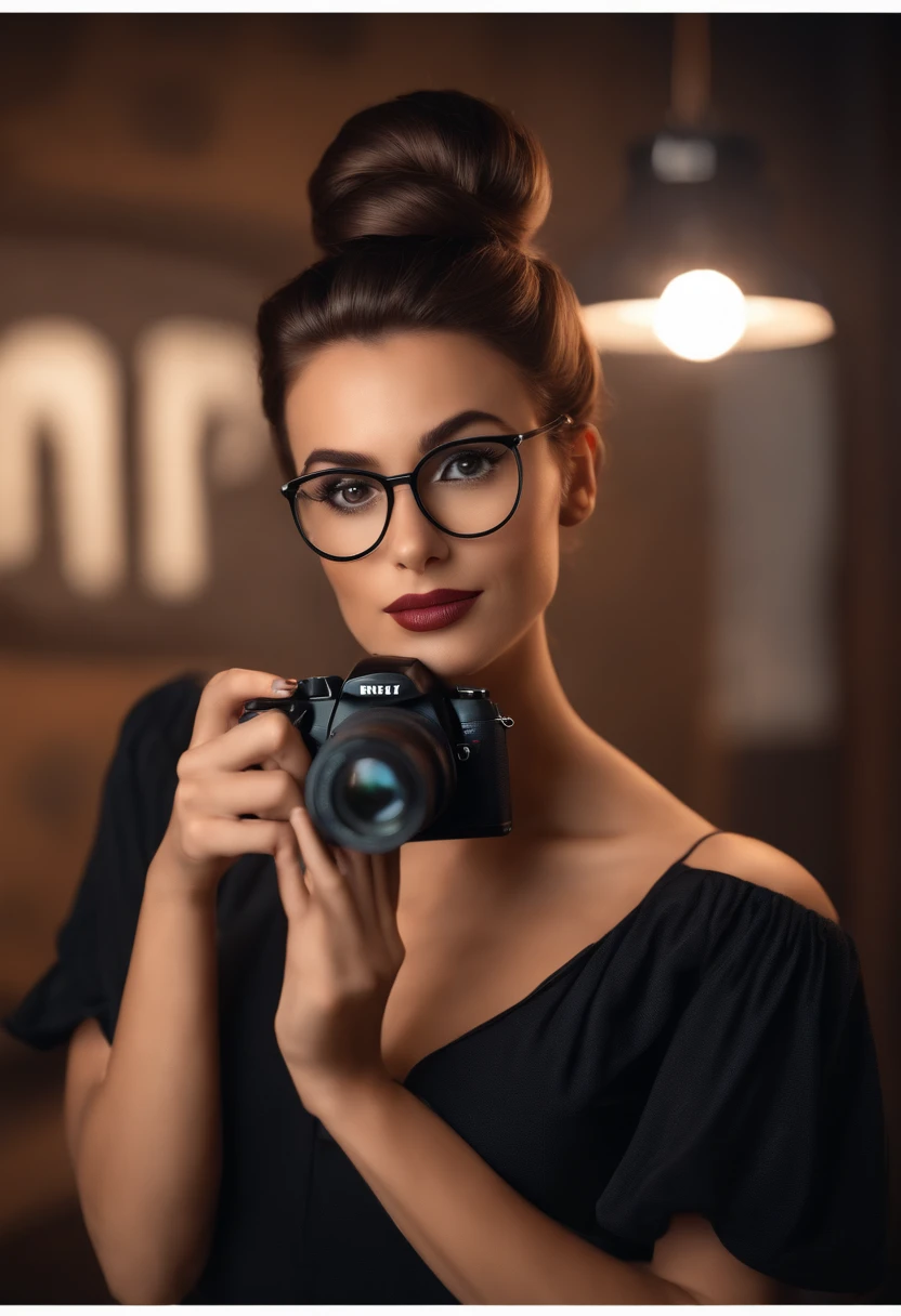 Pixar style image with 3D character glasses brunette woman brown hair with bun, with a makeup-free camera photographer dressed in black Disney outfit, bonitinho, sorridente ,Close-up, Pixar, Disney, Cinema lighting in a photo studio.