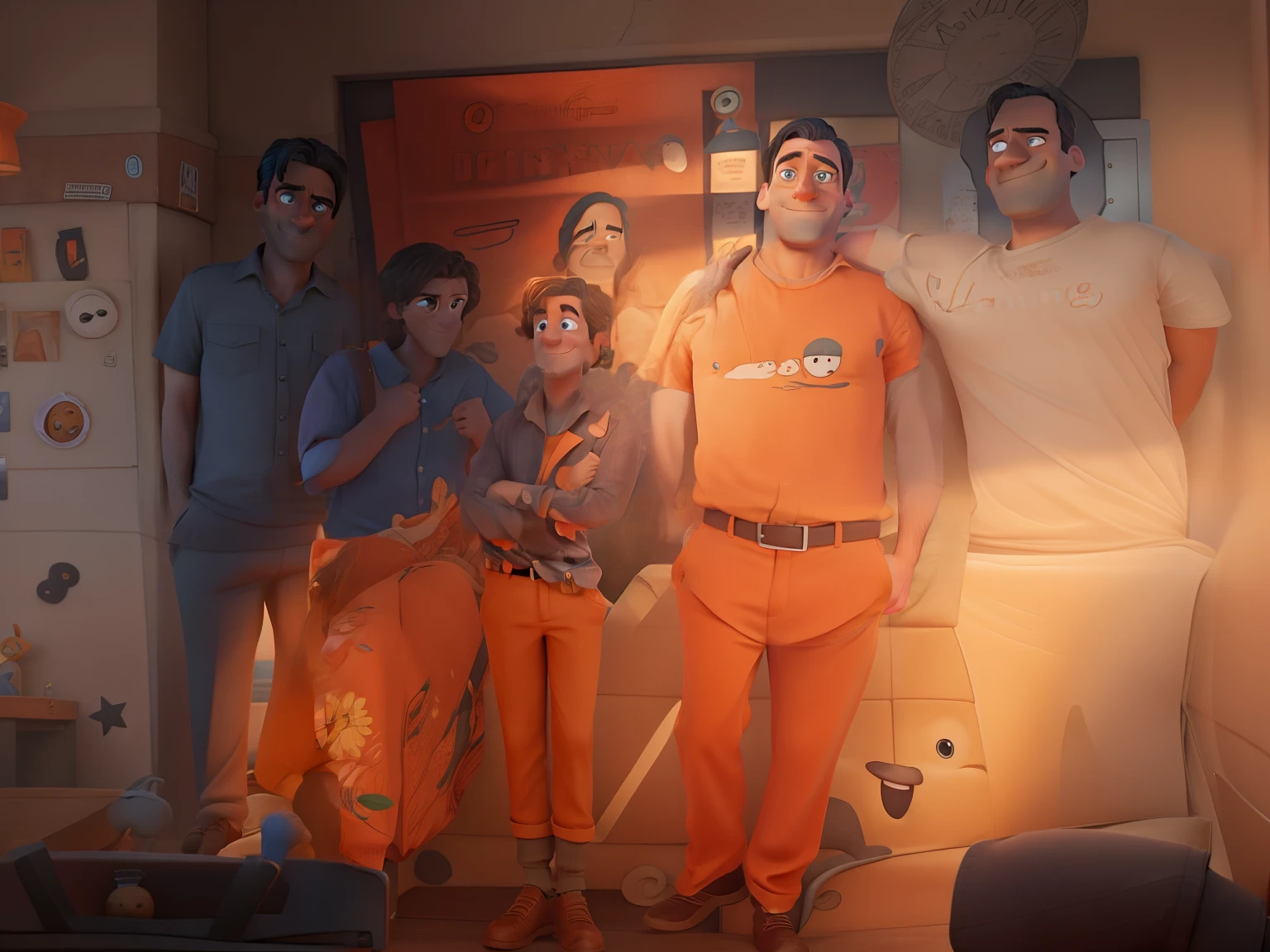 Jon Hamm, Cartoons in orange shirt and black pants, arms crossed, olhando para frente e sorrindo com os dentes aparecendo;
