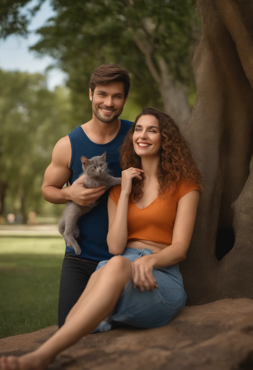 Pixar. Casal sentado no parque fazendo picnic com 2 gatos e 1 cachorro.The cat on the woman's lap is a grey-haired kitten with blue eyes and is wearing a blue collar, uma cachorra boxer branca com mancha nos olhos preto, coleira rosa esta sentada no lado do casal, e  uma gata escaminha, com coleira roxa esta deitada. A  tem os cabelos castanho escuro curto no ombro, Camiseta cinza e jeans claro.O meninobelos pretos com curto, barba pequena, Dark blue jeans and gray t-shirt. They are both smiling and are 30 years old