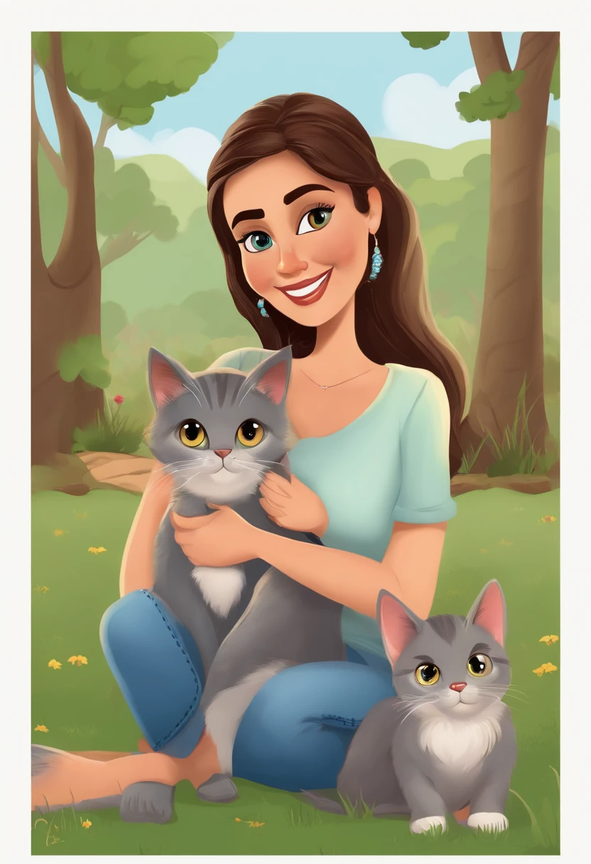 Pixar. Casal sentado no parque fazendo picnic com 2 gatos e 1 cachorro.The cat on the woman's lap is a grey-haired kitten with blue eyes and is wearing a blue collar, uma cachorra boxer branca com mancha nos olhos preto, coleira rosa esta sentada no lado do casal, e  uma gata escaminha, com coleira roxa esta deitada. A menina tem os cabelos castanho escuro curto no ombro, Camiseta cinza e jeans claro.O menino de cabelos pretos com curto, barba pequena, Dark blue jeans and gray t-shirt. They are both smiling and are 30 years old