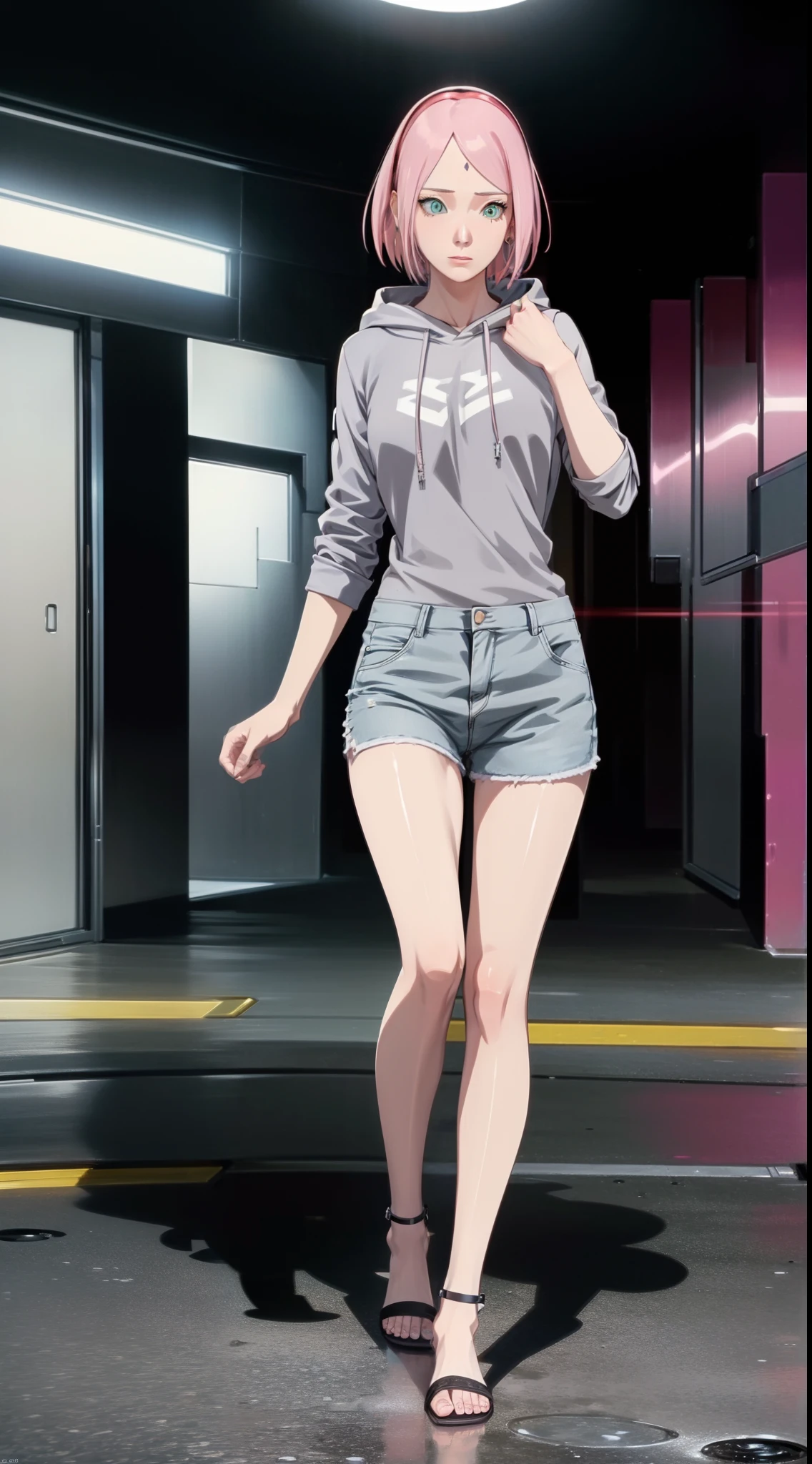(full body portrait:1.3),dynamic pose,1girl,pale skin,pink hair,delicate face,heterochromia eyes,freckles,(black baggy hoodie:1.3,short shorts:1.3,barefoot),(thigh gap:1.3,thighs:1.3,one hip up:1.3),(best quality:1.2,ultra-detailed,realistic:1.37),soft colors,polished lighting