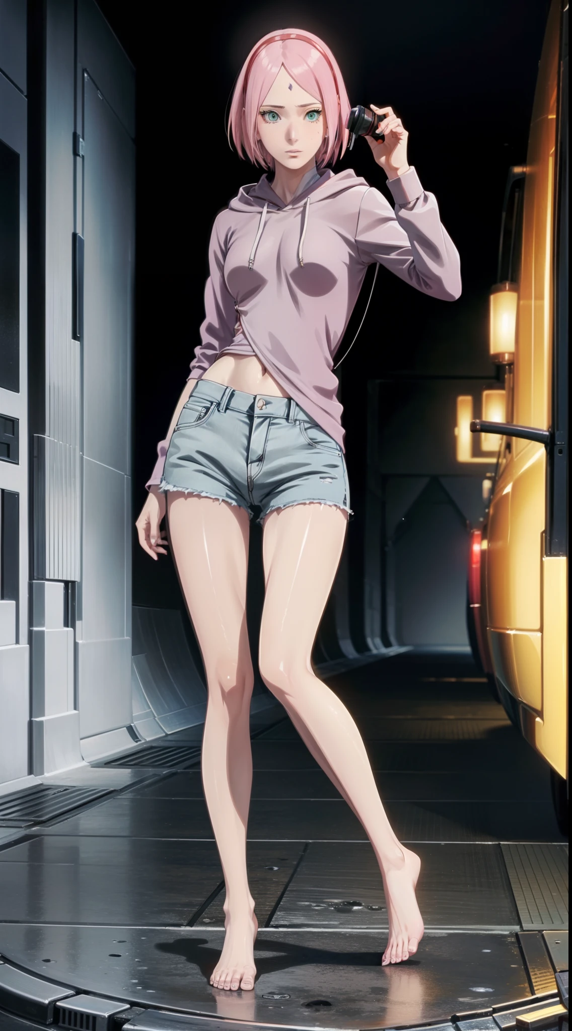(full body portrait:1.3),dynamic pose,1girl,pale skin,pink hair,delicate face,heterochromia eyes,freckles,(black baggy hoodie:1.3,short shorts:1.3,barefoot),(thigh gap:1.3,thighs:1.3,one hip up:1.3),(best quality:1.2,ultra-detailed,realistic:1.37),soft colors,polished lighting