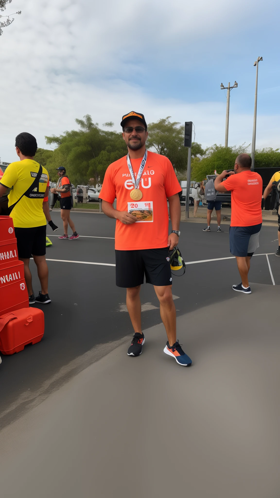 There's a man who's on the street with a medal, tjalf sparnaay 8 k, Postagem no Reddit, Michel - Anjo 8K, 1 st winner, foto de um espectador, Fotografia tirada em 2 0 2 0, vestindo uma camiseta laranja, acabamento fosco, album photo, tomada em 2 0 2 0, vestindo uma camiseta laranja