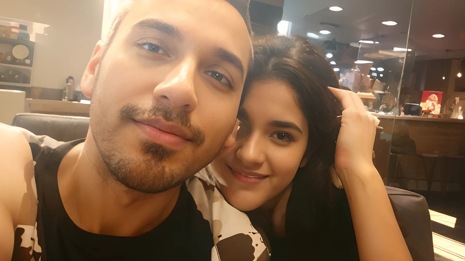 Make the girl with brown eyes and make the man with big eye lashes brown eyes and medium beard best quality 8k resolution realistic