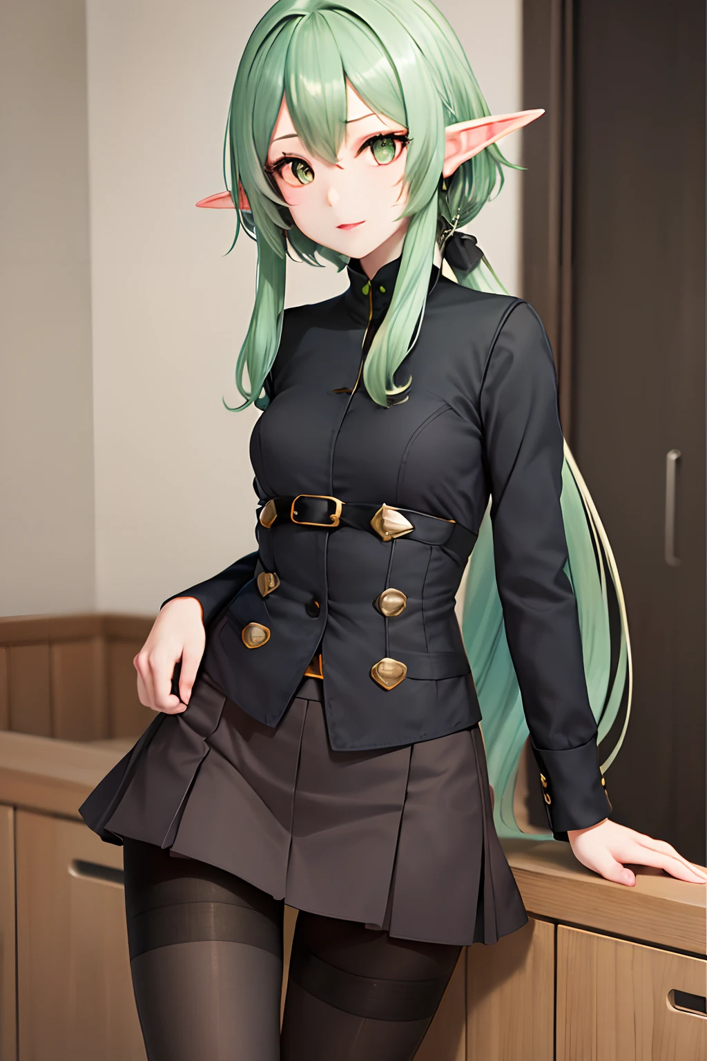 masutepiece, Best Quality, hight resolution, 1girl in, elf, pointy ear, Green hair, Long hair, side locks, The hair , small tits , Green eyes, ((Office Suits))、((skirt by the))、((pantyhose))