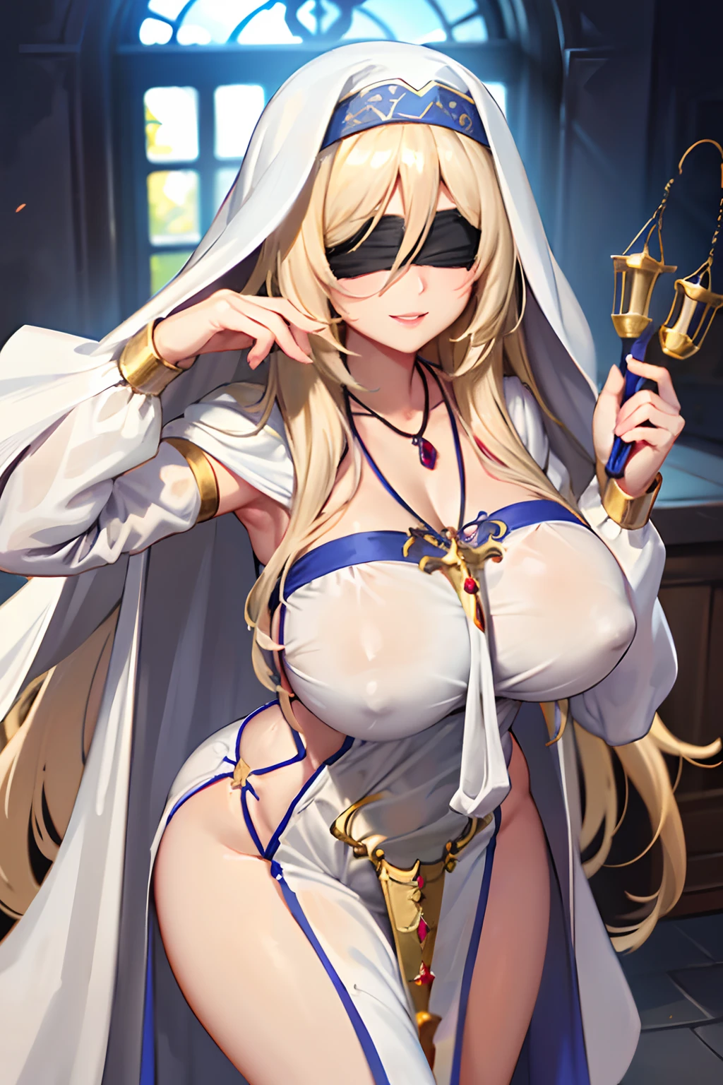 (masterpiece, best quality, glowing light, glistening, shiny skin, ultra detailed, detailed background, complex background),(perfect face, detailed face, detailed eyes,perfect hands,perfect fingers), (large boobs:1.2,smile),(mature female:1.4),cowboy shot,thicc,cleavage, sword_maiden,((gradient hair)), mascara, (fashion make up), parted lips, long hair, blindfold, dress, white dress, habit, jewelry, black blindfold, necklace, detached sleeves ((Guild, guild room, quest board, window, road view, medieval)),((super detailed background)), dynamic poses, ((8k wallpaper)),