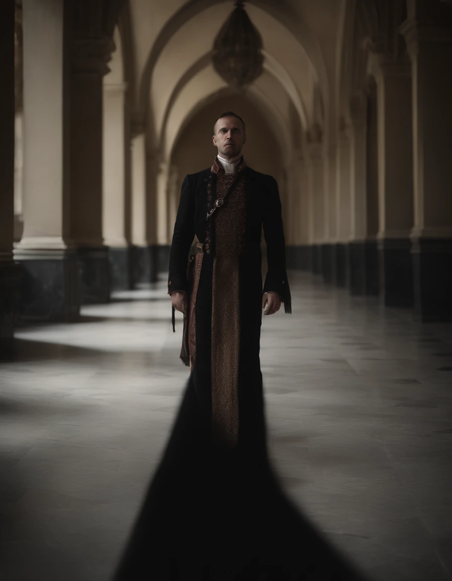 cinematic portrayal, ((parte superior do corpo)), facing the audience, (realidade :1.3), A foto de arte mais bonita do mundo, a man looking at the camera, Gothic attire, rosto bonito detalhado, action shot, (intrincado :1.4), fundo simples, Global lighting, fotorrealista, CG, Art Station