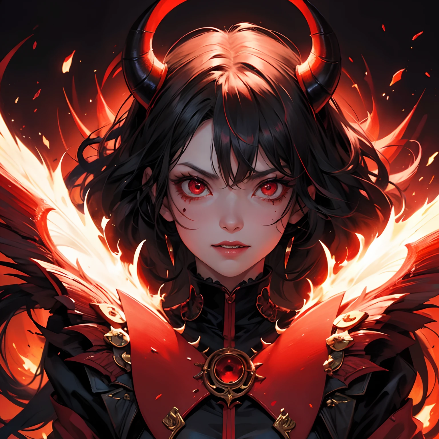 Demon woman, beutiful demon girl, big horns, devil smile, angry, red eyes, black curly hair, dark red background, blood,