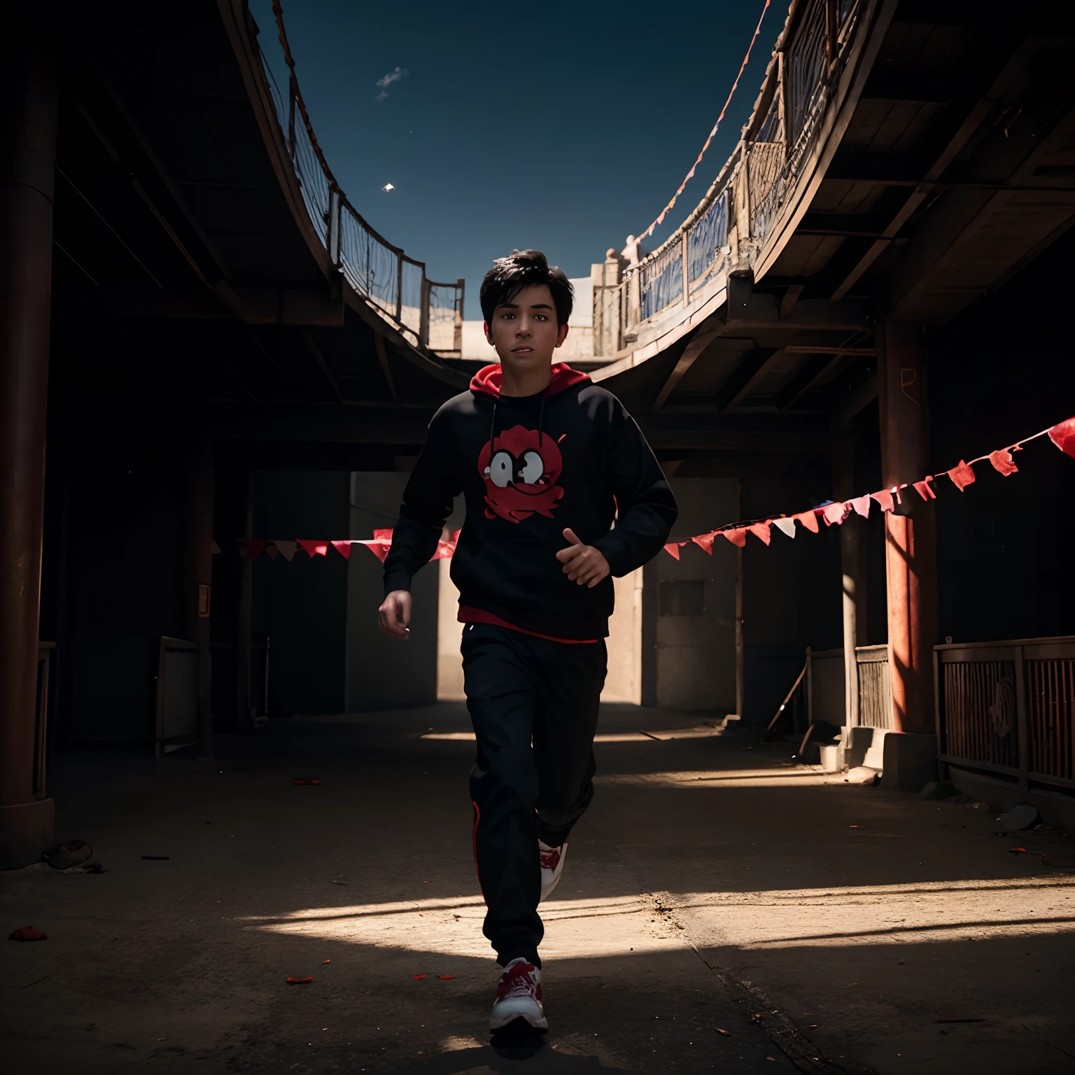 A banner of a Disney movie drawn in cartoon with a black-haired boy, red sweatshirt, black pants and black shoe running from a shadow with red and glowing eyes with the background like a broken glass, the name of the movie and the parallel