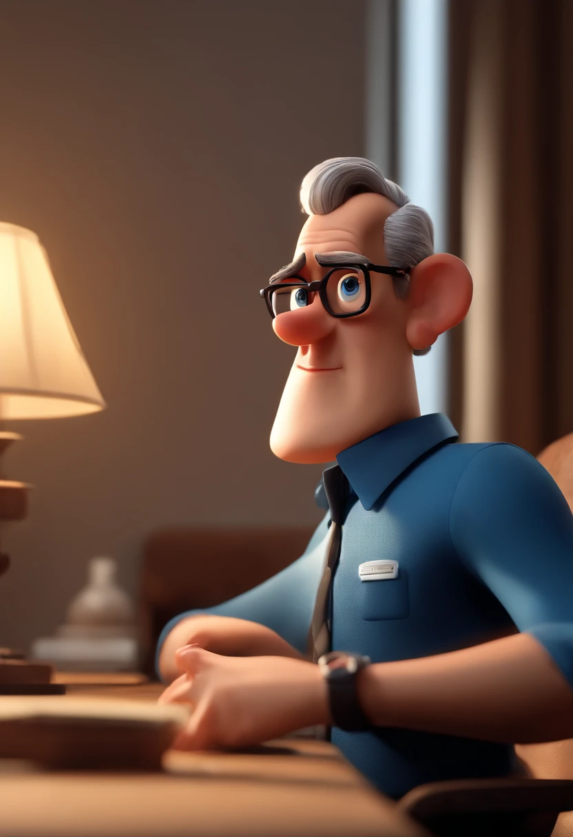 Cartoon character of a man wearing black glasses and a blue shirt, um personagem animado, Caractere estilizado, animation style rendering, 3D estilizado, Arnold Maya render, 3 d render stylized, toon render keyshot, Personagem 3D, Personagem 3D, 3d rendering stylized, 3 d character render, personagem de desenho animado, Personagem de close up, Pose de personagem, (Estilo Pixar) (master part:1.2) (Bokeh) (best quality) (pele detalhada) (textura detalhada) (8k) (argila) (Cinematic lighting) (foco nítido,Senta e vaza a parte superior do corpo