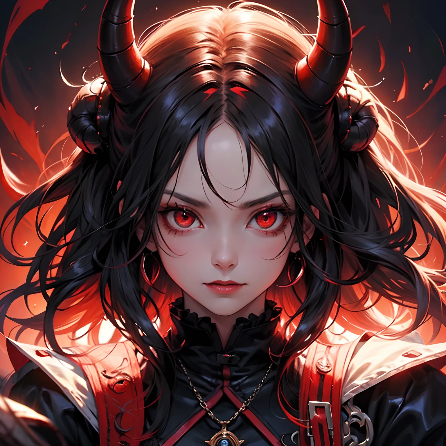 Demon with human face, horns, and a red forked tongue. White skin and red eyes and earrings on the ears. With long, black claws.