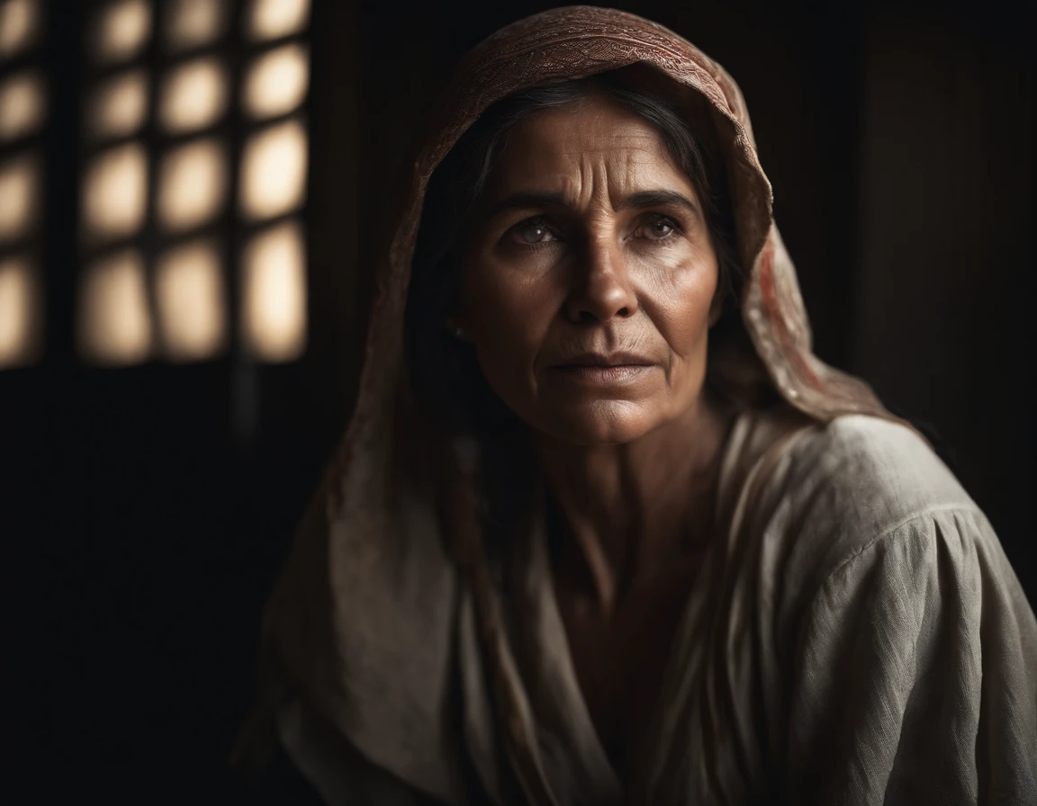 (sharp focus:1.2), an award-winning photo of a peasant woman, lightning backlighting, lines on the face, wrinkles, extremely detailed skin, sadness, hopelessness, blurred eyes, (deep shadows:1.1), high contrast, beautiful eyes, absurd , 8k, (high quality: 1.3), , artstation hd, concept art, detailed face and body, award-winning photography, (moody lighting: 1.2), depth of field, bokeh, 4K, HDR