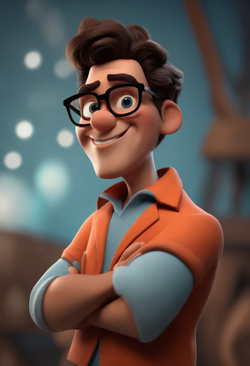 Cartoon character of a man with black glasses and a blue shirt, animation character, Caractere estilizado, animation style rendering, 3D estilizado, Arnold Maya render, 3 d render stylized, toon render keyshot, Personagem 3D, Personagem 3D, 3d rendering stylized, 3 d character render, personagem de desenho animado, Personagem de close up, Pose de personagem,  (Estilo Pixar) (master part:1.2) (Bokeh) (best quality) (pele detalhada) (textura detalhada) (8k) (argila) (Cinematic lighting) (foco nítido