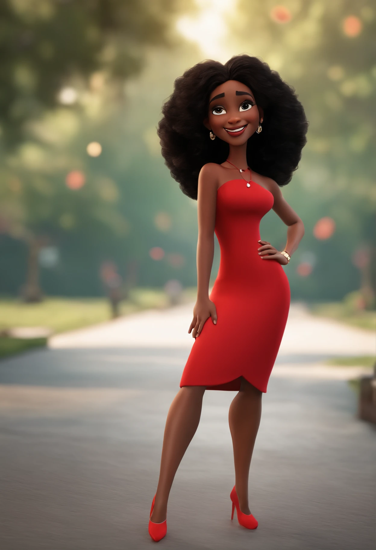 personagem dos desenhos animados de uma mulher com cabelos afro preto na altura dos ombros, magra,com um grande sorriso,with a red dress, nariz pequeno e fino, pouco peito animation character, Caractere estilizado, animation style rendering, 3D estilizado, Arnold Maya render, 3 d render stylized, toon render keyshot, Personagem 3D, Personagem 3D, 3d rendering stylized, 3 d character render, personagem de desenho animado, Personagem de close up, Pose de personagem, (Estilo Pixar) (master part:1.2) (Bokeh) (best quality) (pele detalhada) (textura detalhada) (8k) (argila) (Cinematic lighting) (foco nítido