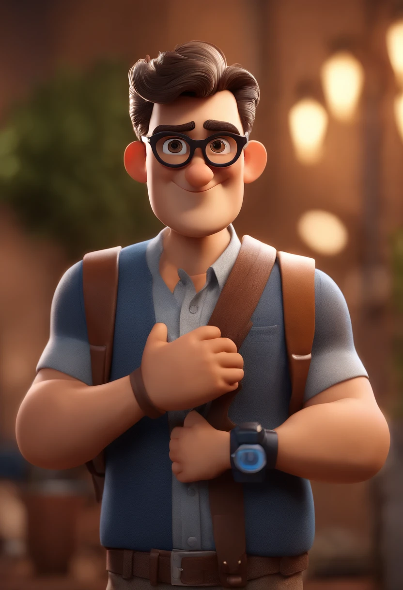 Cartoon character of a man with black glasses, cabelo cacheado marrom escuro e uma camisa azul, animation character, Caractere estilizado, animation style rendering, 3D estilizado, Arnold Maya render, 3 d render stylized, toon render keyshot, Personagem 3D, Personagem 3D, 3d rendering stylized, 3 d character render, personagem de desenho animado, Personagem de close up, Pose de personagem, (Estilo Pixar) (master part:1.2) (Bokeh) (best quality) (pele detalhada) (textura detalhada) (8k) (argila) (Cinematic lighting) (foco nítido