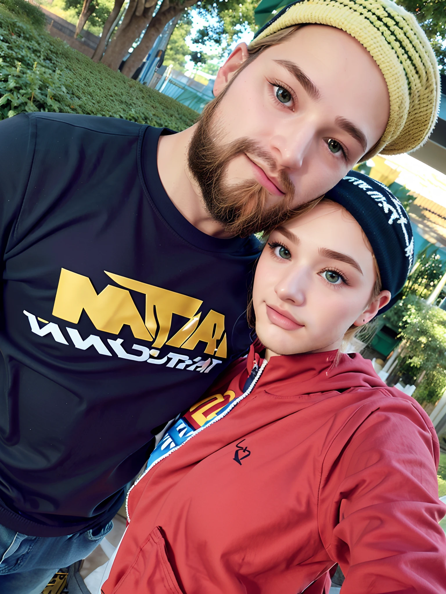 Criar  imagem estilo Disney Pixar 3D casal , homem branco,bald man wearing KTM cap, green eyes and blonde beard ,mulher parda olhos,cabelo preto e liso ,olhos amendoados.