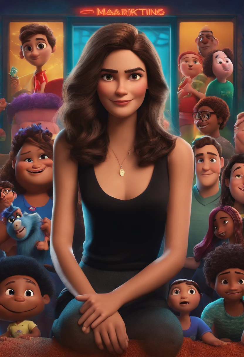 filme Marketing 2023 estilo filmes Pixar, Com nome "N - Marketing", poster, com curta, lighter brunette hair and a black t-shirt in front of crossed arms.