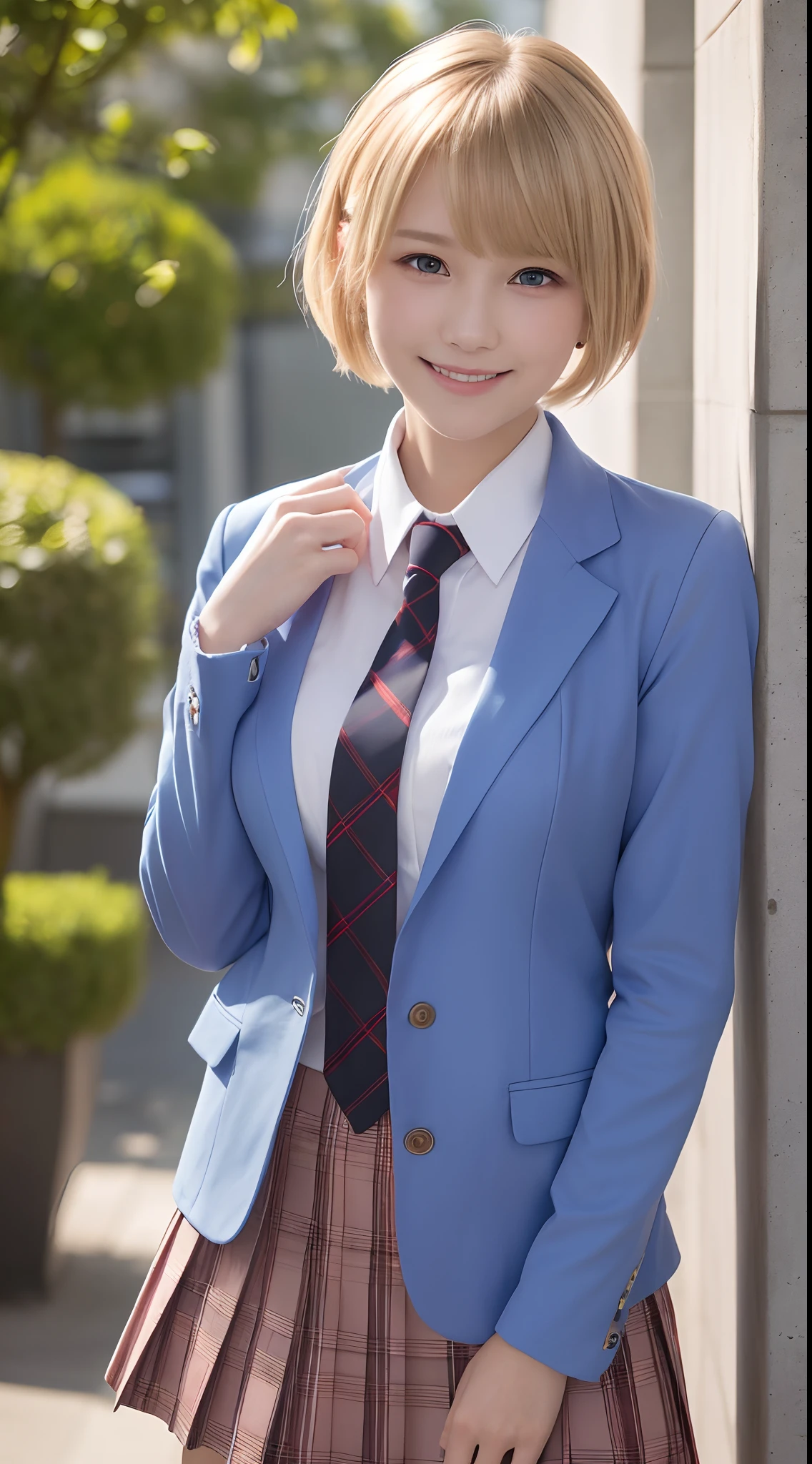 masutepiece,Best Quality,Ultra-detailed,finely detail,hight resolution,in 8K,((Photorealsitic:1.4,Raw photography,超A high resolution,Top image quality:1.4)),masutepiece、Best Quality、 ultra-detailliert、hight resolution、8K Wallpapers、Perfect dynamic composition,、Beautiful detailed eyes、(Beautiful :1.1) 、Blue Blazer、student clothes、white  shirt、red necktie、Plaid brown skirt、1girl in、a beauty girl、High school students、Blonde head hair、(a blond)Shorthair、Hide your left eye with hair、Red Eyes、ssmile、A smile