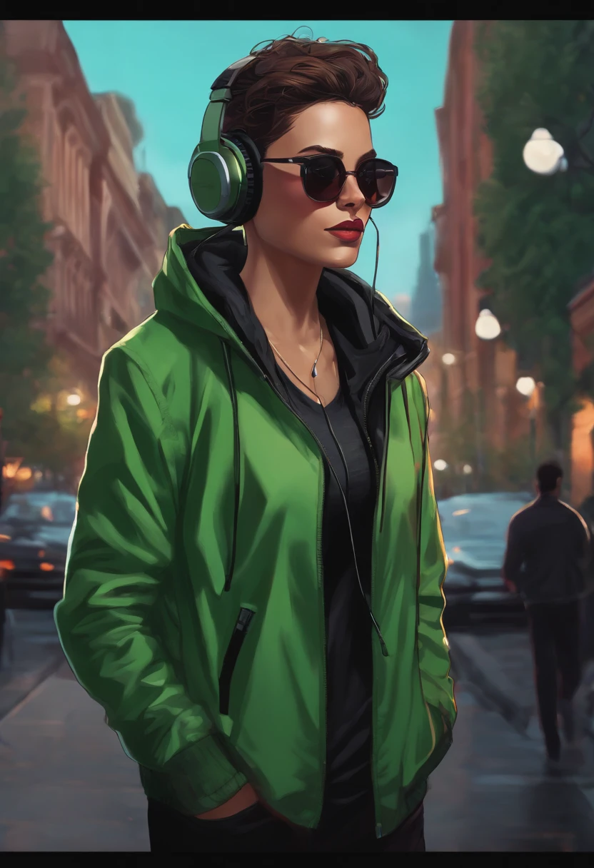 (best quality,highres),dark glasses,headphones,black jacket,green vest,illustration,urban background,vivid colors,sharp focus