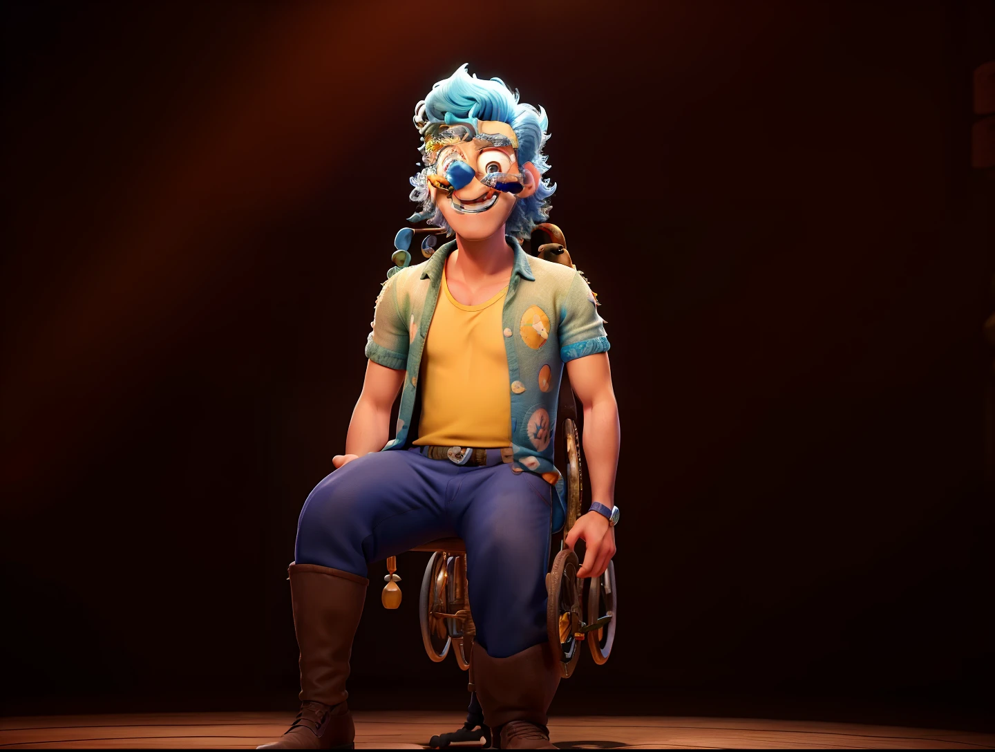 Desenho estilo Pixar/Disney jovem apresentando dentro de um circo azul e branco. Escrito Circo Kroner na lona