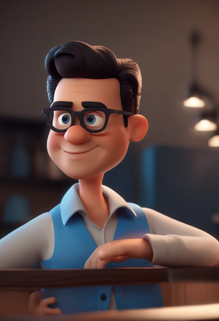 Cartoon character of a man with black glasses and a blue shirt, animation character, Caractere estilizado, animation style rendering, 3D estilizado, Arnold Maya render, 3 d render stylized, toon render keyshot, Personagem 3D, Personagem 3D, 3d rendering stylized, 3 d character render, personagem de desenho animado, Personagem de close up, Pose de personagem,  (Estilo Pixar) (master part:1.2) (Bokeh) (best quality) (pele detalhada) (textura detalhada) (8k) (argila) (Cinematic lighting) (foco nítido