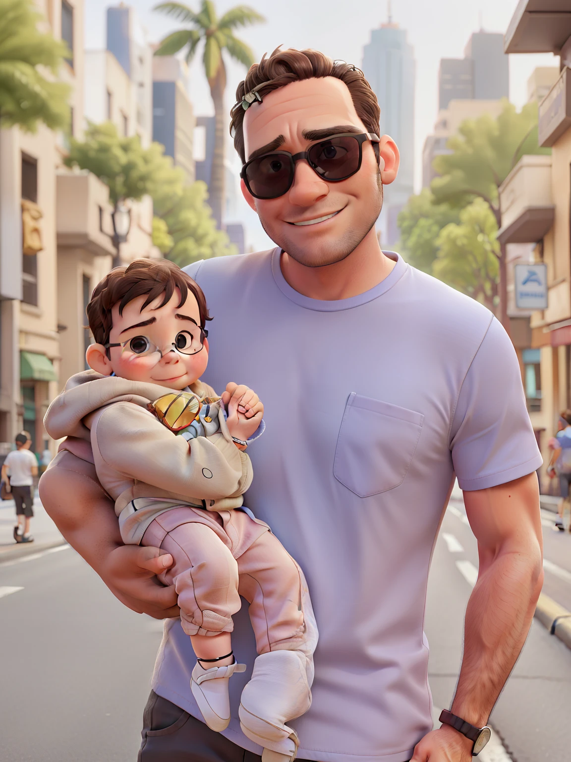 A 35-year-old man with sunglasses holds a baby on the right side on a city street.