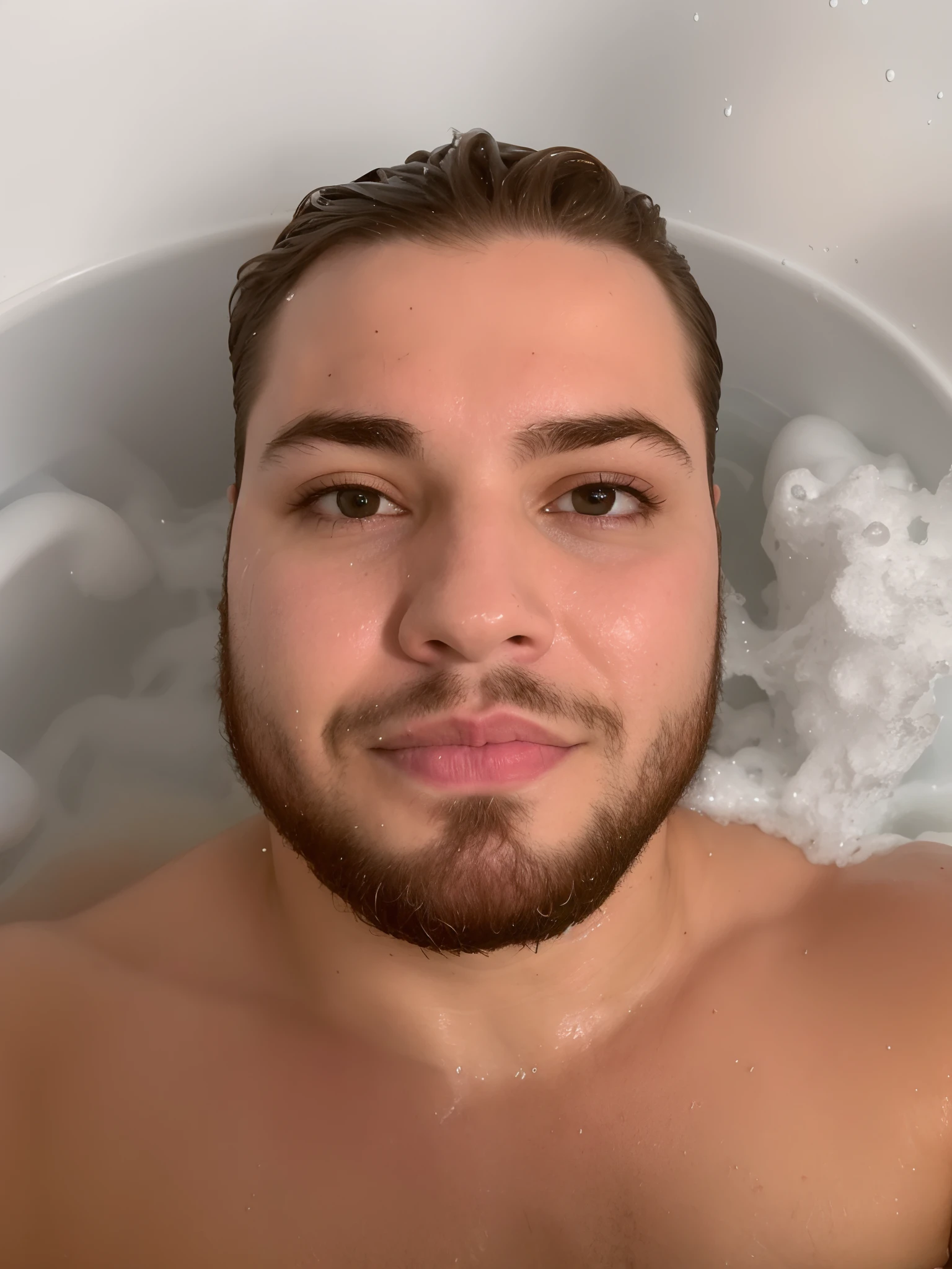 Arafed man in a bathtub with whitish water, Streamer do Twitch / Jogador Ludwig, neckbeard, Face in the water, Half face in the water, selfie de um homem, stable diffusion self portrait, floating in water, Banho de espuma, water dripping off him, full of water, Retrato de um hidromancer macho, thicc