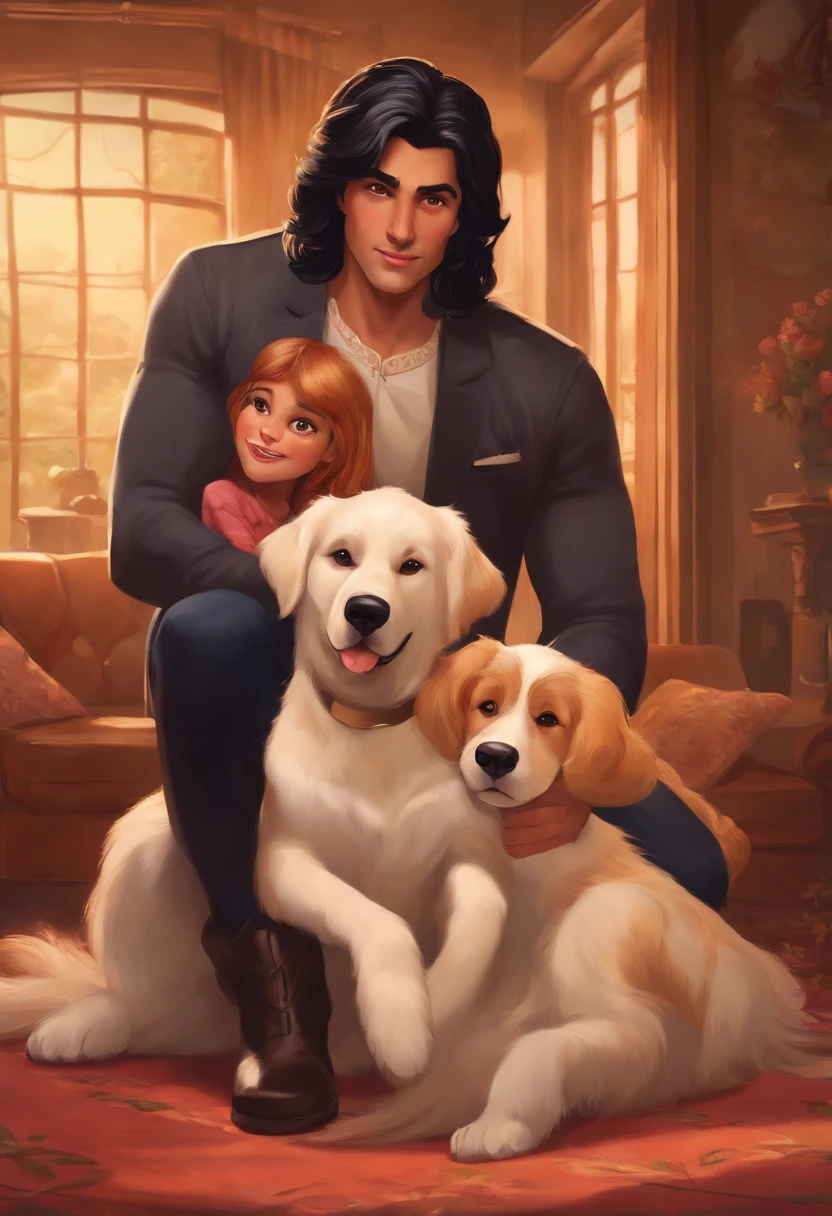 A family consisting of a blond man, a woman with straight black hair with bangs, um moreno com cabelos pretos cacheados, e um cachorro shitsu na Disney