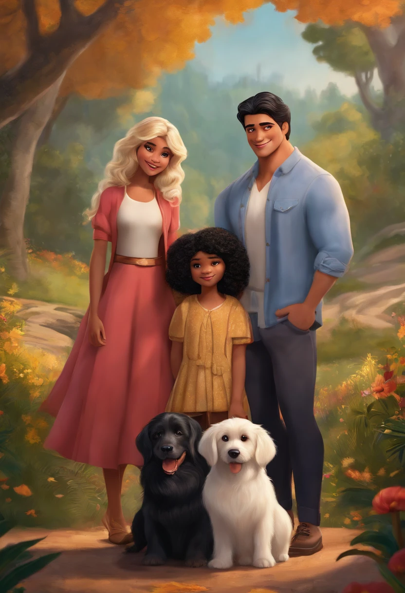 A family consisting of a blond man, a woman with straight black hair with bangs, um menino moreno com cabelos pretos cacheados, e um cachorro shitsu na Disney