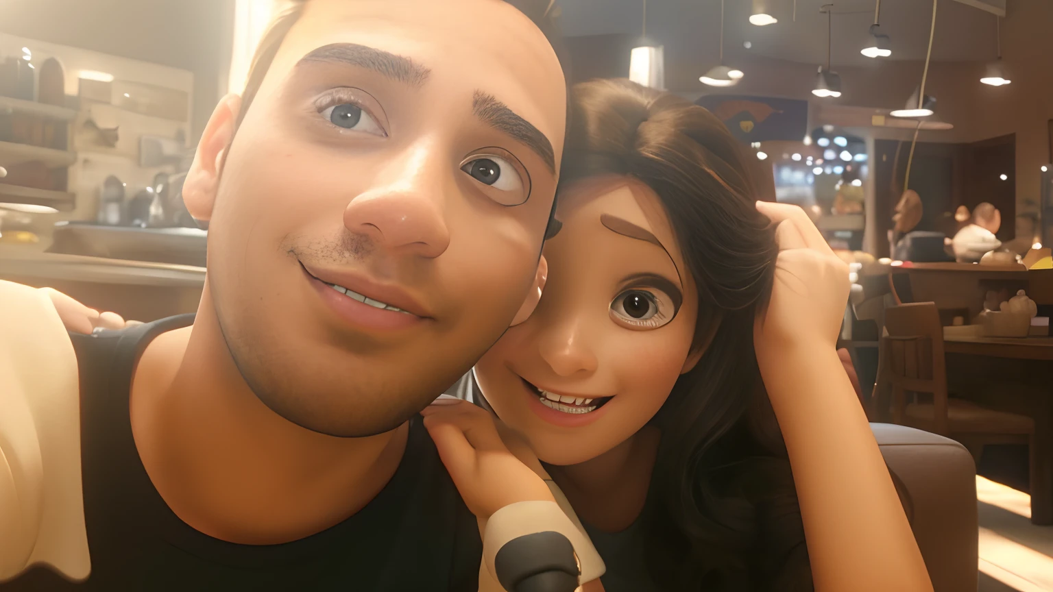 Casal sorrindo em arte  Disney Pixar, alta qualidade