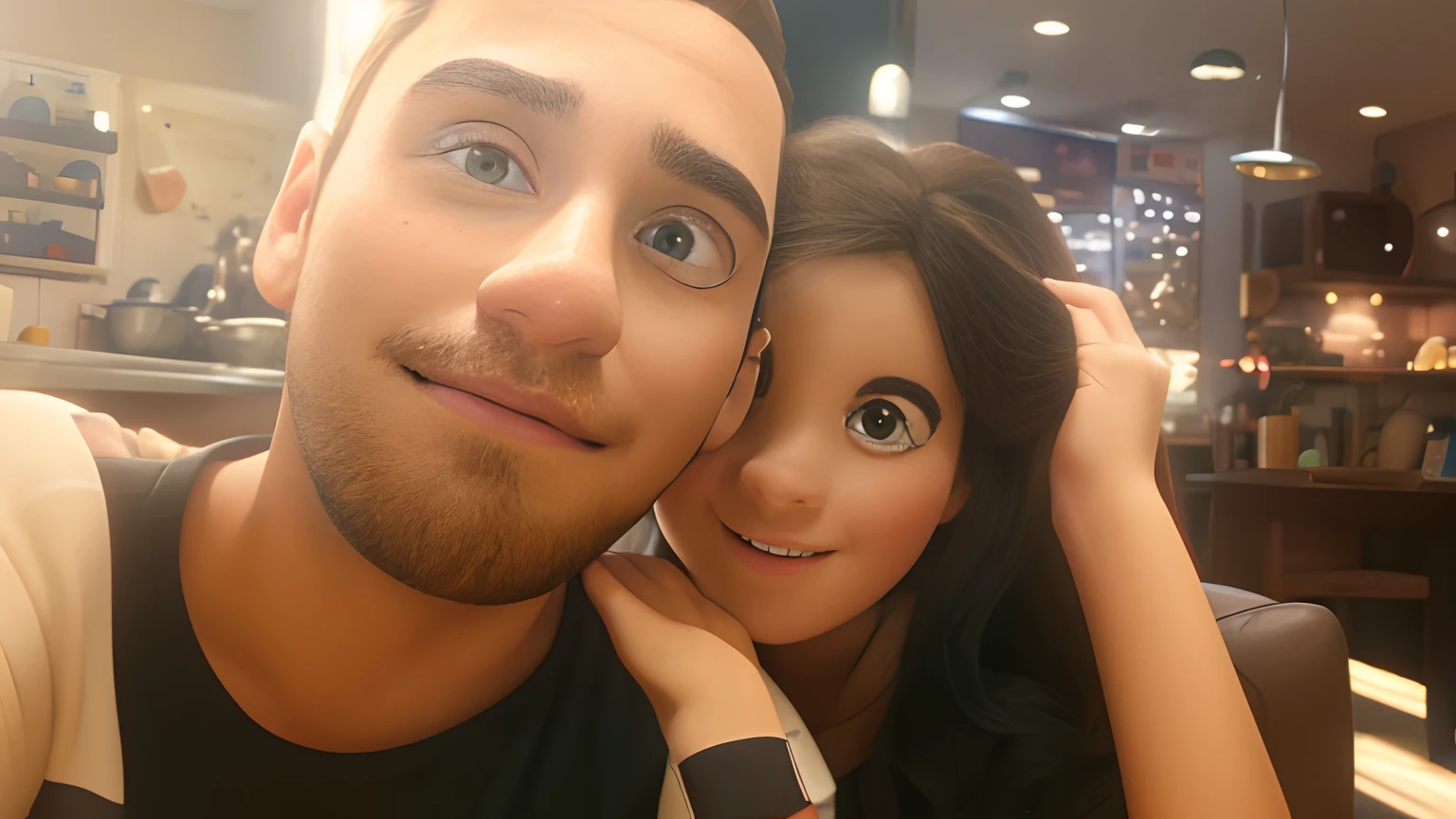 Disney Pixar inspired poster capturing the scene of boyfriends being a shy short white woman with long dark brown hair, corpo esguio, nariz redondo, olhos castanhos escuros boca com batom e um homem apaixonado de pele escura, alto, forte, com cabelos bem curto, barba