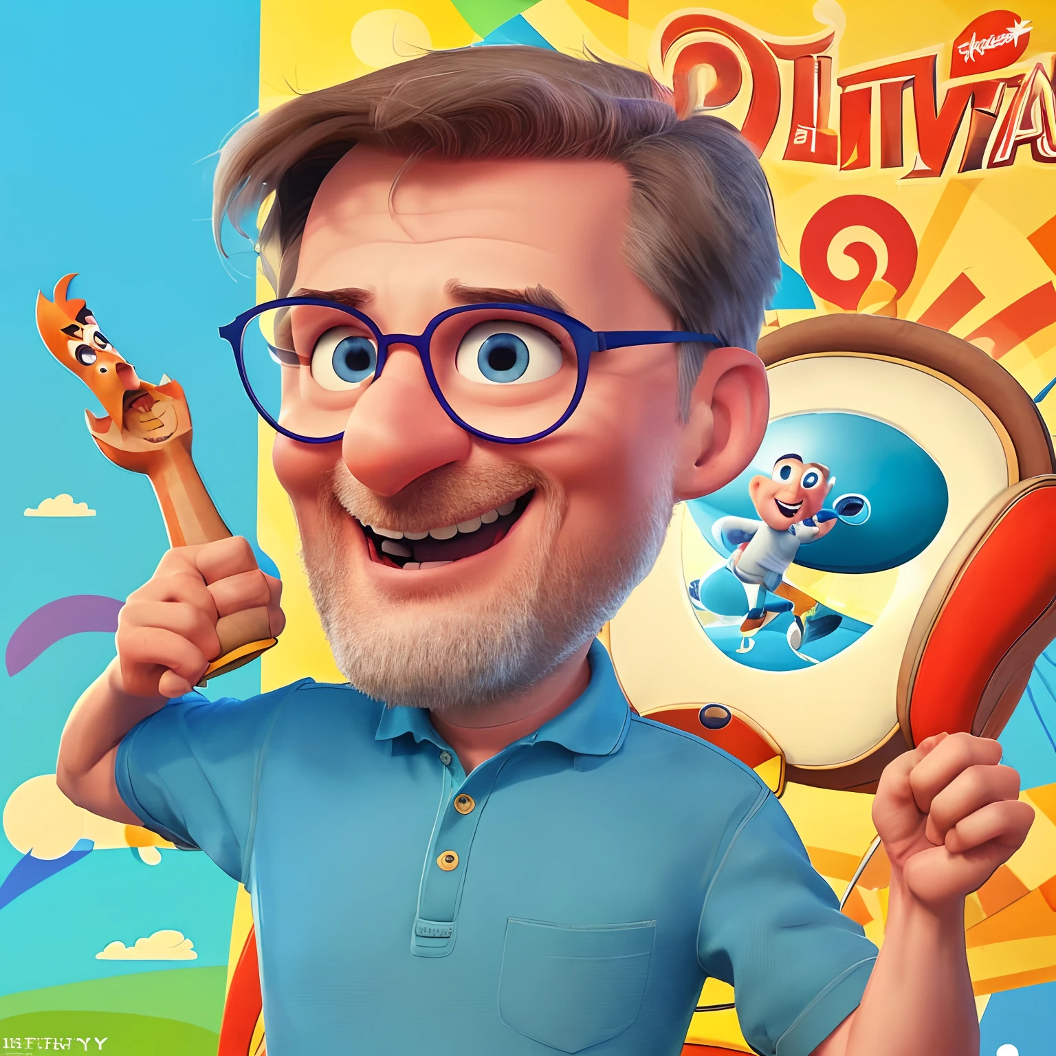 Petr Fiala as a Pixar character,illustration,medium detailed character,expressive eyes,lively lips,vibrant color palette,playful background,enchanting lighting,highres quality,vivid expressions,funny gestures,subtle textures,humor,CG artwork