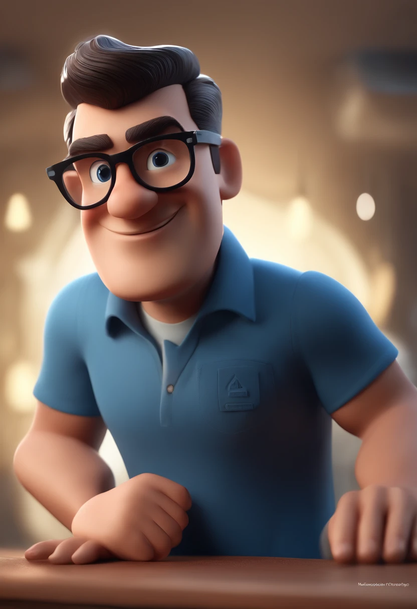 Cartoon character of a man wearing black glasses and a blue shirt, um personagem animado, Caractere estilizado, animation style rendering, 3D estilizado, Arnold Maya render, 3 d render stylized, toon render keyshot, Personagem 3D, Personagem 3D, 3d rendering stylized, 3 d character render, personagem de desenho animado, Personagem de close up, Pose de personagem, (Estilo Pixar) (master part:1.2) (Bokeh) (best quality) (pele detalhada) (textura detalhada) (8k) (argila) (Cinematic lighting) (foco nítido，Senta e vaza a parte superior do corpo